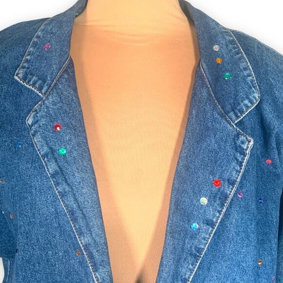 Vintage 90s Match Denim Blazer Jacket Oversized Rhinestone Sequin Jean Coat - Picture 2 of 11